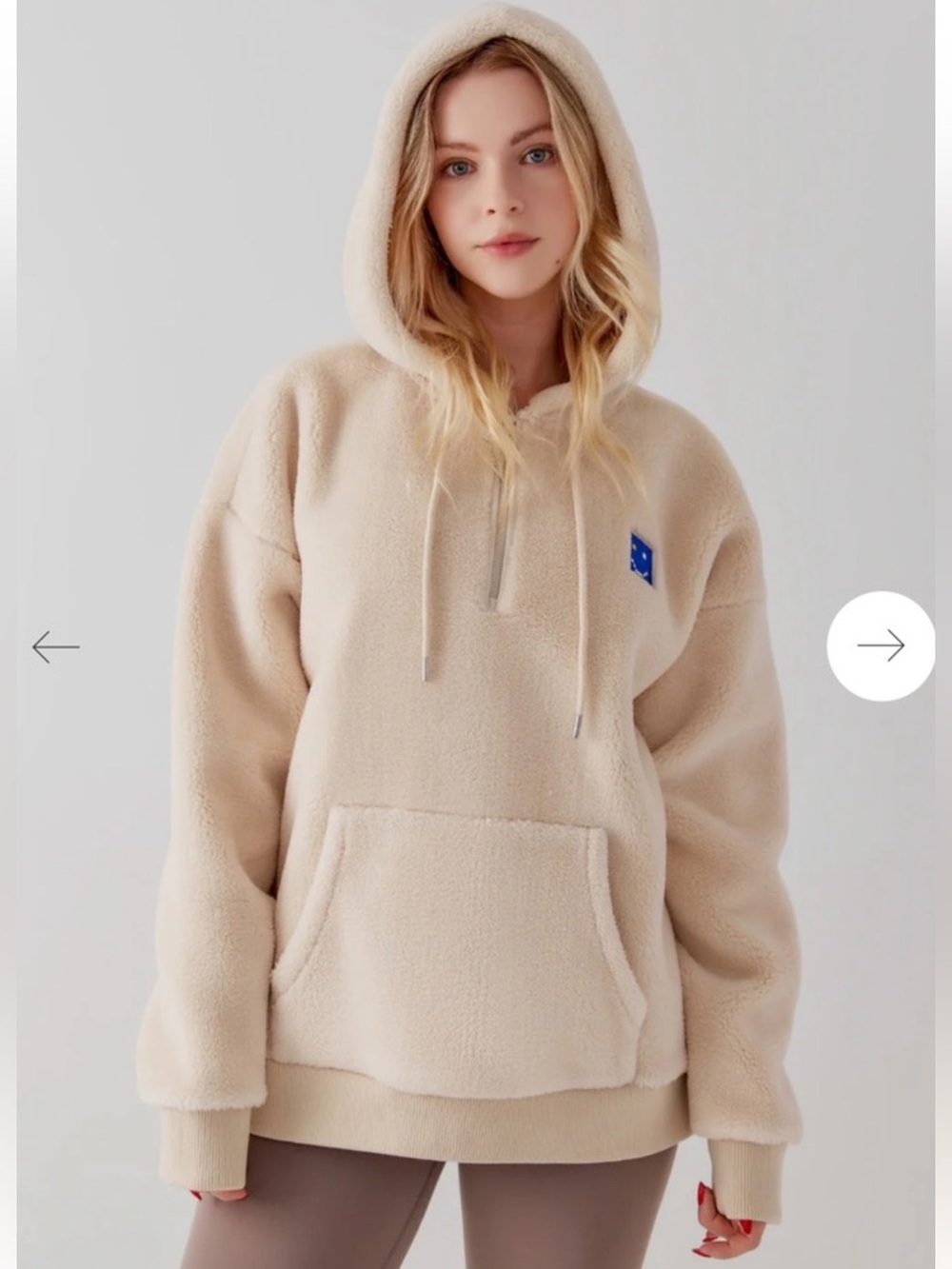 Like-new Venque Amoo Fluff Teddy Sherpa Fleece Hoodie Jacket, Kangaroo, Cream, S